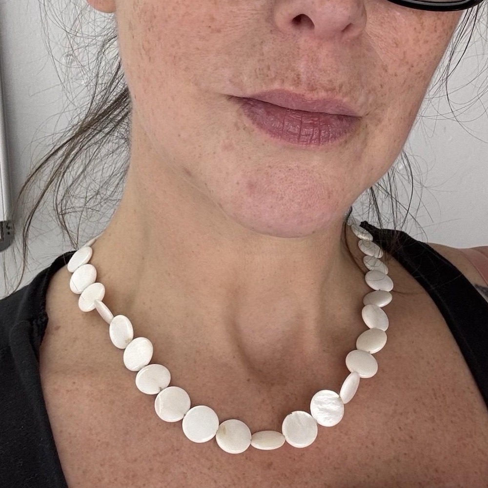 Vintage Round Flat Disc Mother Of Pearl Necklace Barrell Clasp Quiet Luxury